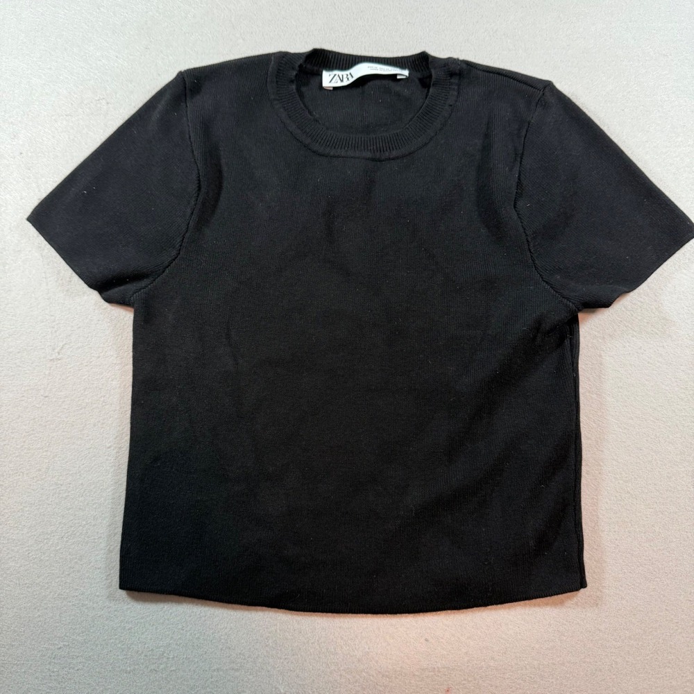 Zara Womens Black Short Sleeve Knit Crew Neck Crop Top Size M Viscose Blend